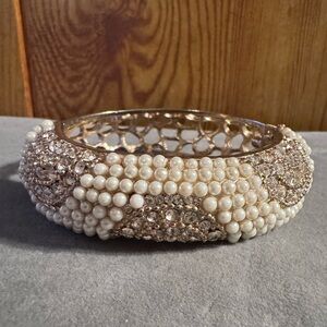 Chunky Statement Faux Pearl Rhinestone Gold Tone Hinged Bracelet